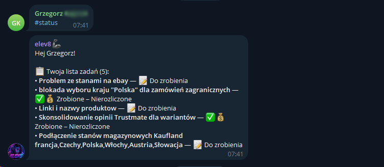 Lista zadań i statusów po komendzie #status