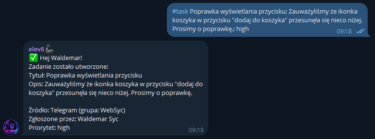 Zgłoszenie nowego zadania komendą #task